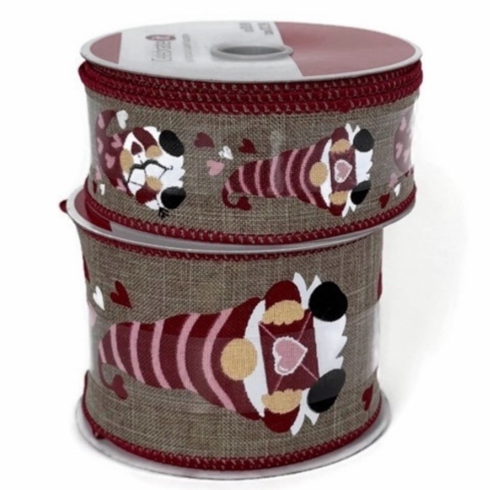 Gnomes Hearts Wired Ribbon Polyester Lot 2 1/2” Wide